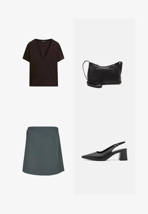 Černé tričko s véčkovým výstřihem a krátkými rukávy, vyrobené z měkké a hladké tkaniny. Má uvolněný střih a jednoduchý design bez vzorů nebo akcentů.; Tmavě zelená sukně ke kolenům s hladkým povrchem, která má plochý pas a jemné sklady vpředu. Jednoduchý, funkční design.; Černá kožená slingback botička na podpatku s špičatou špičkou a robustním blokovým podpatkem. Obsahuje nastavitelný popruh s kovovou sponou.; Černá kožená taška přes rameno s hladkým povrchem, zakřiveným tvarem, nastavitelným popruhem a zipovým uzávěrem. Minimalistický design bez zdobení.