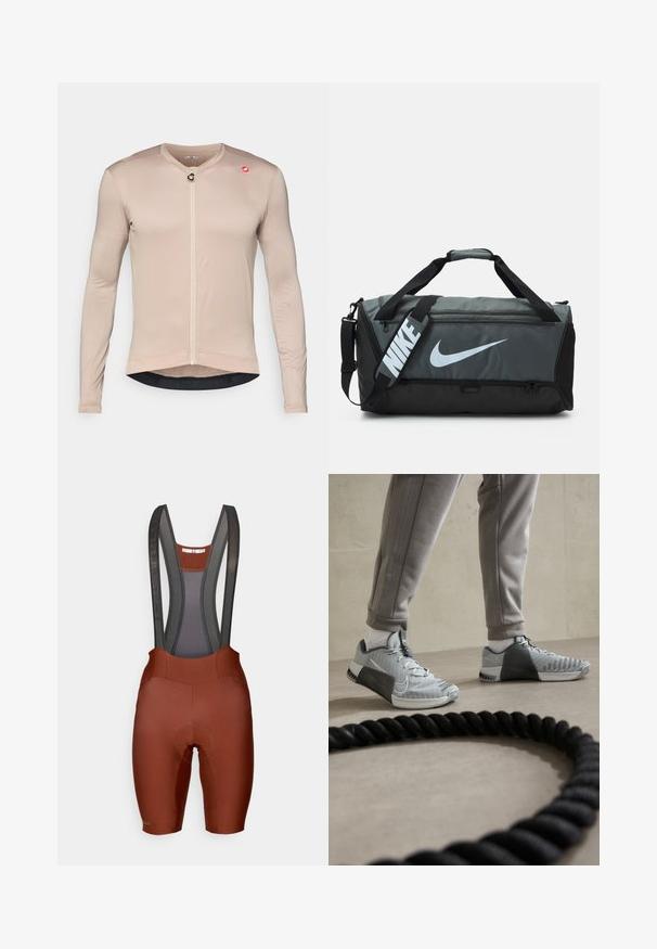 Long-sleeve cycling jersey in light beige, made from textured breathable fabric. Features a front zipper, logo accent, and contrasting hem.; Brown bib shorts with mesh suspenders, padded seat, and contrasting stitching. Smooth textured fabric, tailored fit for cycling.; Gray and white Nike sneakers with textured mesh upper, rubber sole, and lateral support. Positioned near a black exercise rope.; Nike duffel bag with a dark grey and black design, featuring a large white logo, two handles, and an adjustable shoulder strap.