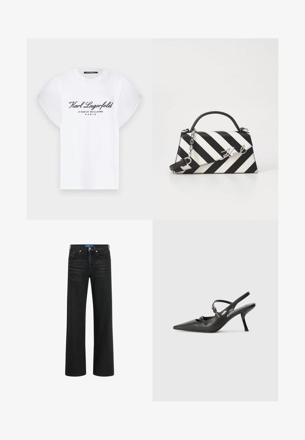 T-shirt de algodão branca com mangas curtas e dobradas. Apresenta texto preto: "Karl Lagerfeld 21 RUE ST-GUILLAUME PARIS" na frente.; Jeans largas pretas feitos de denim, apresentando um fecho de botão e zip, cinco bolsos e um desvanecimento subtil no tecido.; Sapatos de salto alto em couro preto, tipo slingback, com bico pontiagudo, salto esguio e detalhe decorativo em fivela no peito do pé. Textura suave e design elegante.; Bolsa de mão às riscas pretas e brancas com um formato estruturado, apresentando uma alça superior, uma alça de corrente destacável e um detalhe em logotipo metálico.
