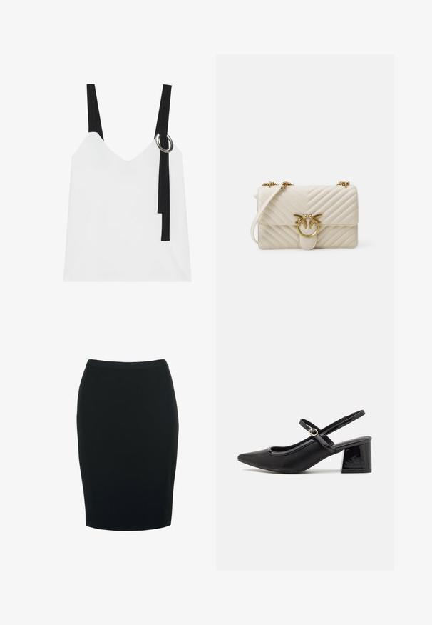 White sleeveless top with a V-neck, featuring black straps and a silver ring detail. Smooth fabric and a modern, minimalist design.; Black pencil skirt with a fitted silhouette, made from a smooth, stretchy fabric. Features a mid-rise waist and knee-length design.; Black patent leather slingback heels with a pointed toe, a rounded cutout design, and a block heel. Features a gold-tone buckle accent.; Quilted cream handbag with a gold bird-shaped clasp, chain strap, and textured chevron design. Features a flap closure and compact shape.