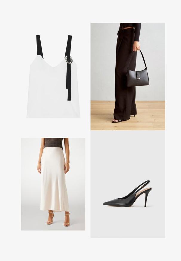 Top blanco sin mangas con escote en V, con tirantes negros y un detalle de anillo plateado. Tejido suave y un diseño moderno y minimalista.; Falda maxi de satén crema con una textura suave, se sitúa a la altura de la cintura, con una abertura lateral, combinada con sandalias de tacón alto doradas y con tiras.; Zapato de tacón alto de piel negra con tirante trasero, punta afilada, textura suave y una delicada correa con una hebilla metálica.; Bolso negro con forma estructurada, textura suave y un cierre metálico. Combinado con pantalones anchos negros y sandalias de dedo en un suelo de madera.