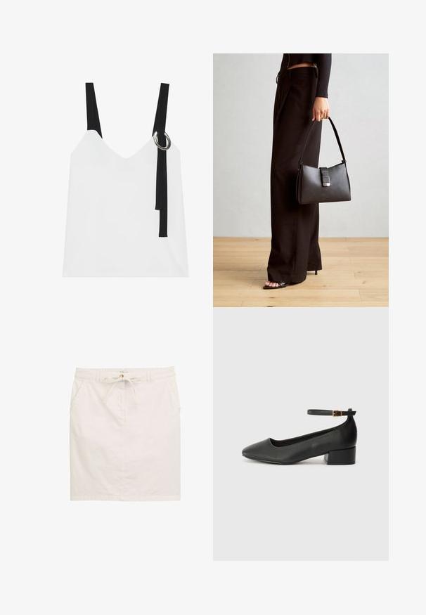 Valge ilma varrukateta top, millel on V-kujuline kaelus, mustade rihmade ja hõbedase rõngaste detailiga. Sile kangas ja kaasaegne, minimalistlik disain.; Valge puuvillane seelik, millel on nööriga vöökoht, kaks küljetaskut ja sirge lõige. Peen tekstuur ja sile viimistlus.; Must mustaapp, millel on terav nina ja madal blokk-kand. Omab pahkluu rihma koos kuldse tooni pandlaga. Sile tekstuur.; Must musta kott, millel on struktureeritud kuju, sile tekstuur ja metallist klamber. Kombineeritud laiate mustade pükstega ja avatud varvaste sandaalidega puidust põrandal.