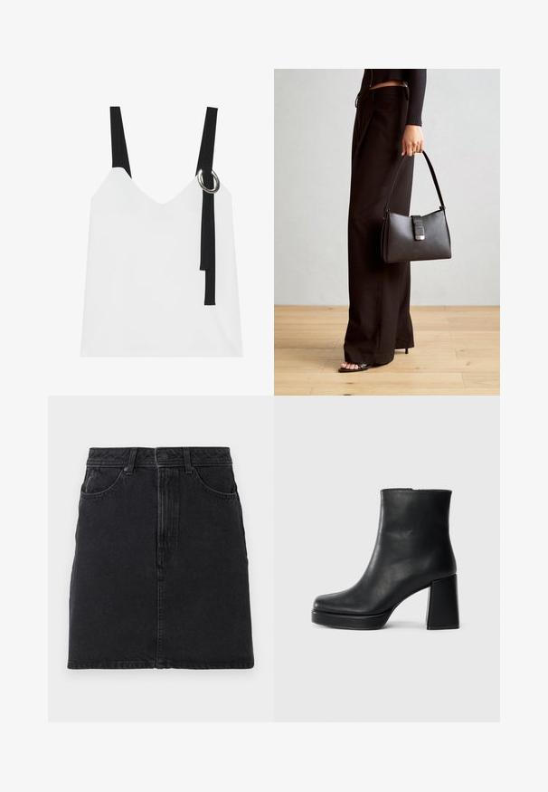 Balta be rankovių palaidinė su V formos iškirpte, su juodomis petnešomis ir sidabriniu žiedu. Sklandus audinys ir modernus, minimalistinis dizainas.; Juoda džinsinė sijonas su tiesiu kirpimu, su priekiniais mygtukais ir užtrauktuku, dviem priekiniais kišenėmis ir paprastomis siuvimo detalėmis.; Juodas odinis kulkšninis botas su bloku ir platformos padu, matomas šoniniu vaizdu ant balto fono.; Juodas rankinė struktūrizuota forma, lygi tekstūra ir metalinis užsegimas. Suporuota su plačiomis juodomis kelnėmis ir atvirais bateliais ant medinių grindų.