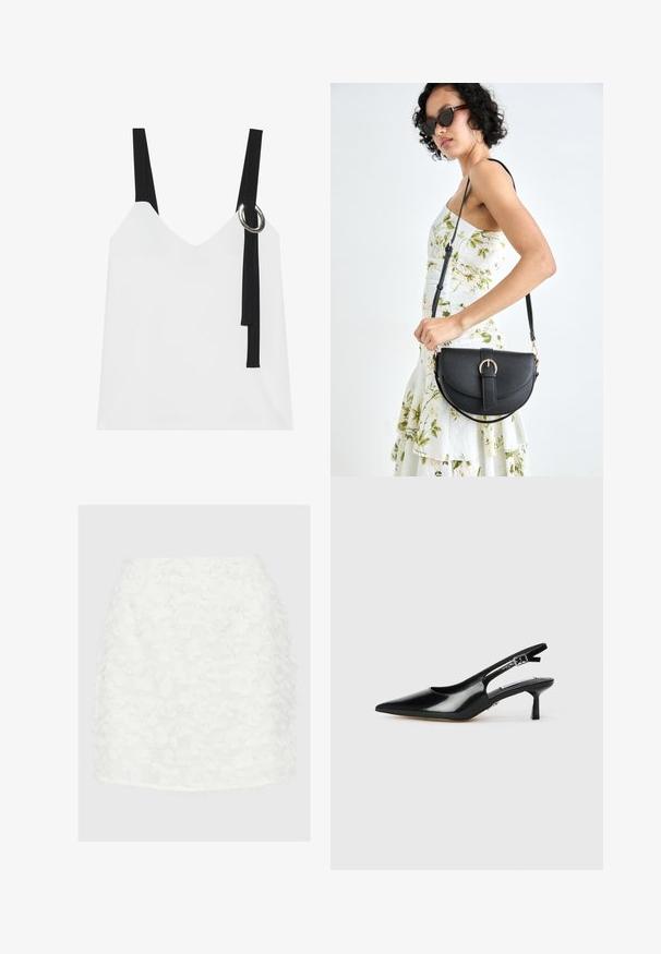 Fehér ujjatlan felső V-nyakkal, fekete pántokkal és ezüst karika részlettel. Simább anyag és modern, minimalista dizájn.; Fehér mini szoknya textúrált, szakadt anyagfelülettel, testhez simuló fazonnal és letisztult szegéllyel, amely a szoros illeszkedés érdekében készült.; Fekete patent bőrből készült slingback magassarkú cipők hegyes orral, vékony sarokkal és állítható csattal. Simább textúrájú, minimális részletezéssel.; Fekete bőrtáska ívelt formával, levehető pánttal és arany színű fémrészekkel. A táskán egy csattal díszített fedél található.