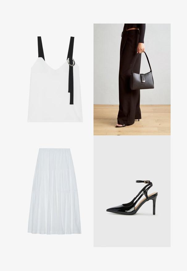 Balta bez piedurknēm topa ar V-veida kakla izgriezumu, ar melnām siksnām un sudraba gredzenu. Gluda auduma un mūsdienīgs, minimālistisks dizains.; Balta daudzslāņu midi svārki ar elastīgu jostu, kas izveidoti no struktūrēta auduma un ar smalkām vertikālām svītrām visā audumā.; Melna lakota ādas augstpapēžu kurpe ar norādīto purngalu, regulējamu potītes siksniņu un atvērtām pusēm. Gluda tekstūra.; Melnā somiņa ar strukturētu formu, gludu tekstūru un metālu sprādzi. Saskaņota ar platām melnām biksēm un sandālēm ar atvērtu purngalu uz koka grīdas.