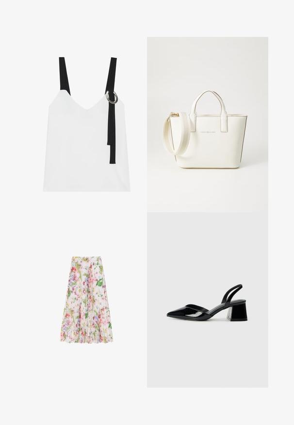 Top bianco senza maniche con scollo a V, caratterizzato da spalline nere e un dettaglio ad anello argentato. Tessuto liscio e design moderno e minimalista.; Gonna a pieghe floreale in tessuto leggero, caratterizzata da una combinazione di tonalità rosa, verde e viola. Scende sotto il ginocchio con una vita arricciata.; Décolleté in vernice nera con punta affusolata e tacco in geometria cubica. Presentano un design elegante e minimalista, con una texture liscia.; Borsa in ecopelle bianca con manici corti, tracolla regolabile e dettagli in metallo dorato; presenta un logo discreto sul davanti.