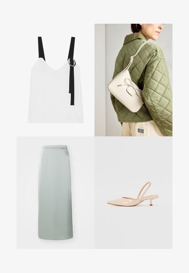 Top bianco senza maniche con scollo a V, caratterizzato da spalline nere e un dettaglio ad anello argentato. Tessuto liscio e design moderno e minimalista.; Gonna lunga di colore verde chiaro realizzata in un tessuto morbido. Presenta un taglio dritto con una cerniera nascosta in vita. Design minimalista, senza motivi o dettagli.; Décolleté in vernice color beige con punta affusolata e tacco slim a forma quadrata. Texture liscia e design minimalista senza decorazioni.; Borsa a tracolla in pelle beige con dettaglio a fiocco, accessori dorati e una singola tracolla regolabile, indossata sopra un giubbotto trapuntato verde.