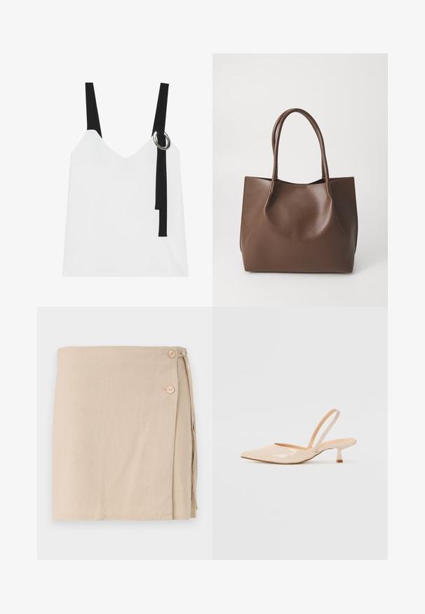 Witte mouwloze top met een V-hals, voorzien van zwarte straps en een zilveren ringdetail. Glad materiaal en een modern, minimalistisch ontwerp.; Beige wikkelrok van zachte stof, met twee houten knopen en een gestrikt detail aan de zijkant. Gladde textuur, middellange stijl.; Beige patenten leren slingback hakken met een spitse neus en een slanke, vierkante hak. Glad textuur en minimalistisch ontwerp zonder versieringen.; Bruine leren tote bag met twee lange handvatten, gestructureerde vorm, gladde textuur en minimalistisch design. Geen zichtbare hardware of accenten.