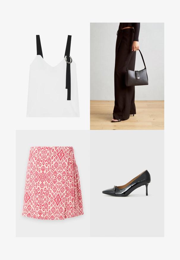 Biely top bez rukávov s výstrihom do V, s čiernymi popruhmi a strieborným krúžkovým detailom. Hladká látka a moderný, minimalistický dizajn.; Sukňa v krémovej farbe s ružovým geometrickým vzorom. Má bočný uzol a rozšírený strih pre pohodlné nosenie. Hladká textúra látky.; Čierna lakovaná vysoká podpätková topánka s ostrým špičkou, dekoratívnym remienkom vpredu a tenkým stiletto podpätkom.; Čierna kabelka so štruktúrovaným tvarom, hladkou textúrou a kovovou sponou. V kombinácii so širokými čiernymi nohavicami a sandálmi s otvorenou špičkou na drevenej podlahe.