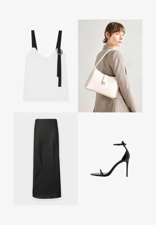 Bílý top bez rukávů s výstřihem do V, vyznačující se černými pásky a stříbrným kroužkovým detailem. Hladký materiál a moderní, minimalistický design.; Černá maxi sukně vyrobená z hladké, lehké tkaniny. Má rovný siluetu s elastickým pasem a bez viditelných vzorů či ozdob.; Černé sandály na vysokém podpatku s lesklým lakovaným povrchem, tenkým kotníkovým popruhem a minimalistickým prstovým popruhem. Stiletto podpatek a plochá podrážka.; Bílá kožená kabelka se strukturálním designem, s magnetickým uzávěrem a ramenním popruhem, prezentovaná na neutrálním pozadí.