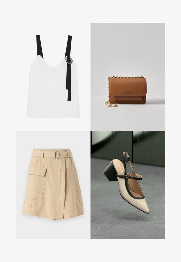 Hvit ermeløs topp med V-hals, med svarte stropper og en sølvringdetalj. Glatt stoff og et moderne, minimalistisk design.; Beige bomullskjole med sidelomme, belte på livet med en sølvring, og en lett A-formet fasong. Glatt tekstur og enkelt design.; Beige spiss tå slingback sko med svart kant, gullspenne og tykk blokkheel på grått gulv med mørkegrønn bakgrunn.; Brun teksturert lær crossover-veske med gullkjede-stropp og klaffelukking. Fronten har logo-detalj og en lomme under klaffen.