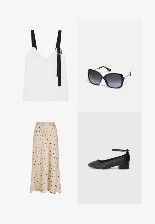 Balta be rankovių palaidinė su V formos iškirpte, su juodomis petnešomis ir sidabriniu žiedu. Sklandus audinys ir modernus, minimalistinis dizainas.; Bežinė midi sijonas, pagamintas iš lygaus audinio, su viso paviršiaus juodomis taškų detalėmis, šiek tiek platėjantis siluetas ir skeltukas.; Juodas odinis aukštakulnis batelis su smailiu pirštu ir žemu bloku. Su kulkšnies dirželiu su auksinės spalvos sagtimi. Lygus paviršius.; Juodos didelės saulės akinių su pereinamais objektyvais, storomis rėmeliais ir auksinės spalvos grandinėmis ant šventyklų.