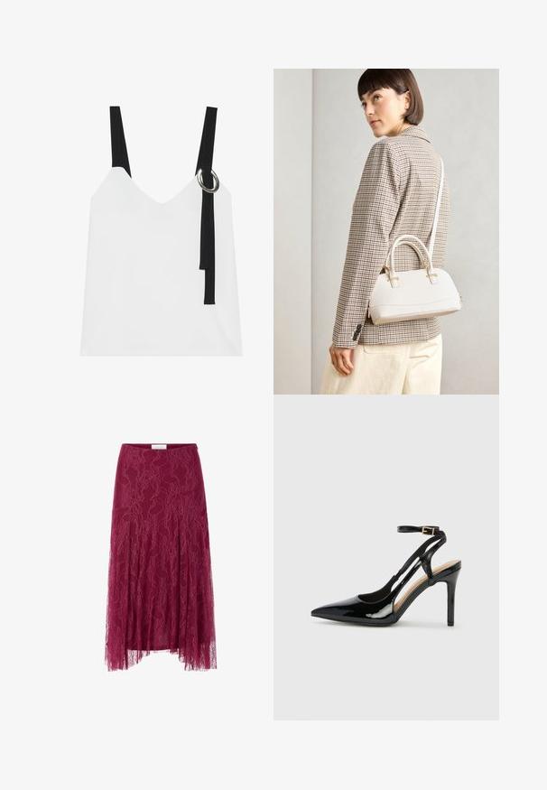 Witte mouwloze top met een V-hals, voorzien van zwarte straps en een zilveren ringdetail. Glad materiaal en een modern, minimalistisch ontwerp.; Bordeaux kanten rok met bloemenpatroon, doorschijnende stof overlay en geplooid ontwerp. Kenmerkend voor een getailleerde tailleband en een vloeiende silhout. ; Zwarte lakleren hoge hak slingback schoenen met spitse neus, verstelbare enkelband en open zijkanten. Gladde textuur.; Witte gestructureerde handtas met korte handvatten en een schouderband, voorzien van gouden hardwareaccenten en een textuurmateriaal, tentoongesteld tegen een grijze achtergrond.