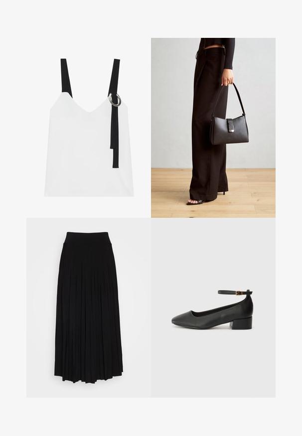 Bijela bezrukavna majica s V-izrezom, s crnim trakama i detaljem srebrnog prstena. Glatka tkanina i moderan, minimalistički dizajn.; Crna plisirana suknja s visokim, rastezljivim pojasom. Izrađena od mekog materijala, s vertikalnim plisama koje stvaraju lepršav siluetu.; Crne kožne pumpe s oštrim vrhom i niskom blok petom. Sadrže remen oko gležnja s zlatnim kopčanjem. Glatka tekstura.; Crna torba s oblikom koji sadrži strukturu, glađu teksturu i metalnu kopču. Uparena s širokim crnim hlačama i sandalama na otvorenom s drvenog poda.