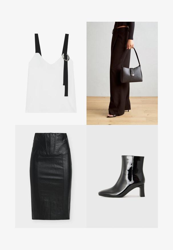 White sleeveless top with a V-neck, featuring black straps and a silver ring detail. Smooth fabric and a modern, minimalist design.; Black leather pencil skirt with a high waistband featuring vertical stitching details and a smooth, textured surface.; Black patent leather ankle boot with a pointed toe and a mid-height block heel. Smooth texture and minimalist design.; Black handbag with structured shape, smooth texture, and a metallic clasp. Paired with wide black pants and open-toe sandals on wooden floor.