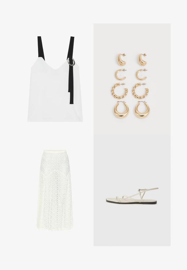 Valge ilma varrukateta top, millel on V-kujuline kaelus, mustade rihmade ja hõbedase rõngaste detailiga. Sile kangas ja kaasaegne, minimalistlik disain.; Valge pitsist midi-seelik kerge, tekstuurse kangaga. Omab laienevat siluetti ja lainelisi ääred lisadetailideks.; Bežid lame sandaal, millel on mitu peenikest rihma ja reguleeritav pandla. Tallal on lame pind, mille ääres on kerge tumedam kontrast.; Viie kullast kõrvaehe komplekt, mis sisaldab erinevaid disaine: keeratud, nüri, ja siledad pinnad rõngas- ja poolkuu kujudes.