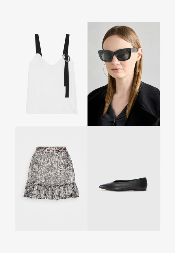 Top sem mangas branco com decote em V, apresentando alças pretas e um detalhe em forma de argola prateada. Tecido suave e um design moderno e minimalista.; Saia transparente com padrão de zebra, com barra franzida, em preto e branco, e um cós elástico para um ajuste confortável.; Bailarina de couro preto, bico fino, design minimalista, textura suave, salto baixo, sem hardware ou embelezamentos visíveis.; Óculos de sol pretos em formato de gato com lentes escuras, armações grossas e acentos subtis. Usados com um casaco preto e uma blusa cinza, apresentando cabelo longo e liso.