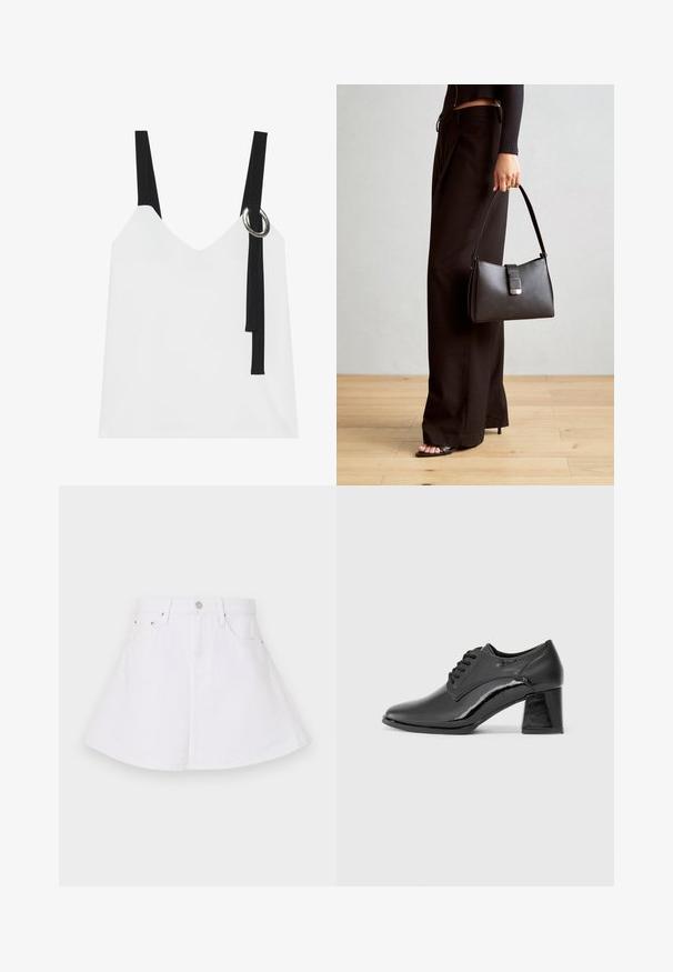 Valge ilma varrukateta top, millel on V-kujuline kaelus, mustade rihmade ja hõbedase rõngaste detailiga. Sile kangas ja kaasaegne, minimalistlik disain.; Valge denim seelik, millel on laienev disain, kitsas vöökoht, viis taskut ja nööpidega sulgemine ees. Sile tekstuur.; Mustad mustaa lakknahkkinga, millel on ümmargune varvas, nööpide ja paksu ristkülikukujulise kontsaga disain. Sile tekstuur läikiva viimistlusega.; Must musta kott, millel on struktureeritud kuju, sile tekstuur ja metallist klamber. Kombineeritud laiate mustade pükstega ja avatud varvaste sandaalidega puidust põrandal.