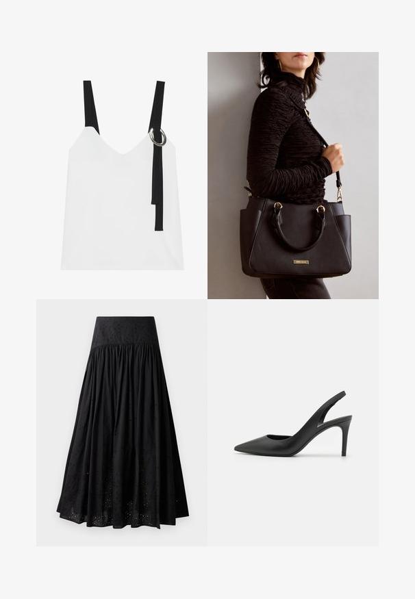 White sleeveless top with a V-neck, featuring black straps and a silver ring detail. Smooth fabric and a modern, minimalist design.; Black maxi skirt made of cotton with an embroidered waistband. Features gathered fabric and eyelet detailing along the hem.; Black leather slingback high heels with a pointed toe design, featuring a cutout at the front and a thin stiletto heel.; Black handbag with textured surface, dual top handles, and adjustable shoulder strap. Features gold-tone hardware and side pockets.