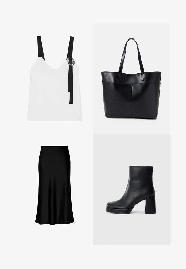 Balta be rankovių palaidinė su V formos iškirpte, su juodomis petnešomis ir sidabriniu žiedu. Sklandus audinys ir modernus, minimalistinis dizainas.; Juodas satino midi sijonas su lygia tekstūra, platėjančiu kraštu ir prigludusia juosta, turintis paprastą, klasikinį dizainą.; Juodas odinis kulkšninis botas su bloku ir platformos padu, matomas šoniniu vaizdu ant balto fono.; Juoda odinė rankinė su dviem ilgais diržais, lygiu paviršiumi ir struktūrizuota forma. Yra priekinė kišenė papildomam saugojimui.