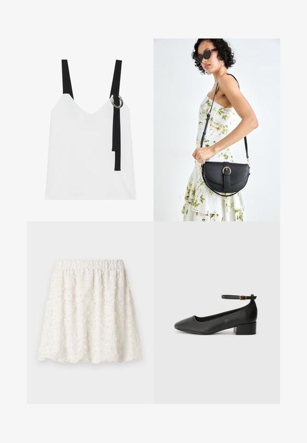 Balta bez piedurknēm topa ar V-veida kakla izgriezumu, ar melnām siksnām un sudraba gredzenu. Gluda auduma un mūsdienīgs, minimālistisks dizains.; Baltā teksturētā svārku ar elastīgu jostu, kas izceļas ar paceltām ziedu rakstiem un mīkstu, vieglu audumu.; Melnas ādas sūkņi ar smailu purngalu un zemu bloku papēdi. Iezīmēts ar potītes siksniņu ar zelta krāsas sprādzi. Gluda tekstūra.; Melnas ādas rokassoma ar izliekta formu, noņemamu siksnu un zelta aksesuāriem. Somai ir vāciņš ar sprādzes detaļu.