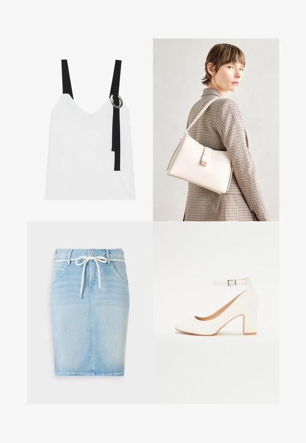 Top sem mangas branco com decote em V, apresentando alças pretas e um detalhe em forma de argola prateada. Tecido suave e um design moderno e minimalista.; Saia de ganga azul clara com cintura ajustável por cordão, cinco bolsos e silhueta recta. Apresenta um padrão subtilmente desbotado por toda a peça.; Sandalha branca de salto alto com ponta afiada, salto bloco e tira no tornozelo. Acabamento suave com um brilho subtil e forro bege.; Bolsa de mão em couro branco com um design estruturado, apresentando um fecho magnético e uma alça de ombro, exibida sobre um fundo neutro.