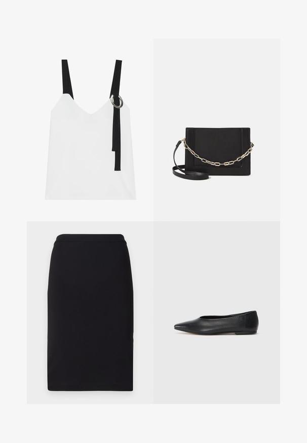 Fehér ujjatlan felső V-nyakkal, fekete pántokkal és ezüst karika részlettel. Simább anyag és modern, minimalista dizájn.; Fekete ceruzaszoknya rugalmas anyagból, sima textúrával és karcsú, egyenes szabással, illeszkedő derékkal.; Fekete bőr balettcipő, hegyes orral, minimalista dizájn, sima textúra, alacsony sarkú, látható fémrész vagy díszítés nélkül.; Fekete bőr keresztpántos táska, sima textúrával, téglalap alakú és fém lánc részlettel az elején. Állítható pánttal ellátva.