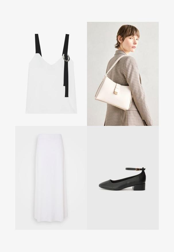 Bijela bezrukavna majica s V-izrezom, s crnim trakama i detaljem srebrnog prstena. Glatka tkanina i moderan, minimalistički dizajn.; Bijela maksi suknja izrađena od laganog materijala s glatkom teksturom, koja ima jednostavan A-siluetu i bez vidljivih ukrasa.; Crne kožne pumpe s oštrim vrhom i niskom blok petom. Sadrže remen oko gležnja s zlatnim kopčanjem. Glatka tekstura.; Bijela kožna torba s čvrstim dizajnom, s magnetskim kopčanjem i remenom za rame, prikazana na neutralnoj pozadini.