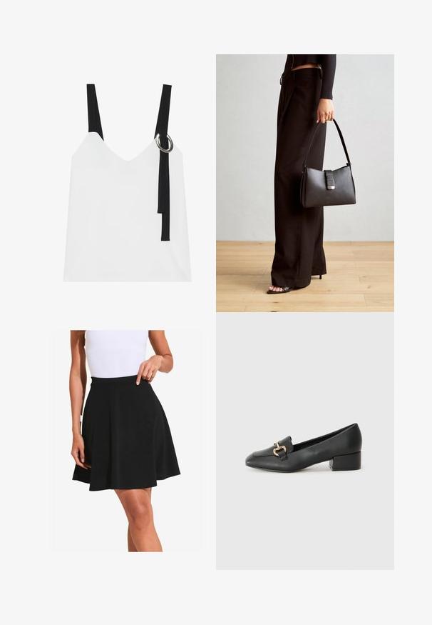 Balta be rankovių palaidinė su V formos iškirpte, su juodomis petnešomis ir sidabriniu žiedu. Sklandus audinys ir modernus, minimalistinis dizainas.; Juodas pleištinė sijonas, pagamintas iš minkštos medžiagos su glotnia tekstūra ir plačiu juosmeniu, rodo švelnius raukšlėjimus ir iki kelių siekiantį pjūvį.; Juodi odiniai loaferiai su plokščiu kulnu, su dekoratyvia auksine detalės priekyje ir glotnia tekstūra.; Juodas rankinė struktūrizuota forma, lygi tekstūra ir metalinis užsegimas. Suporuota su plačiomis juodomis kelnėmis ir atvirais bateliais ant medinių grindų.