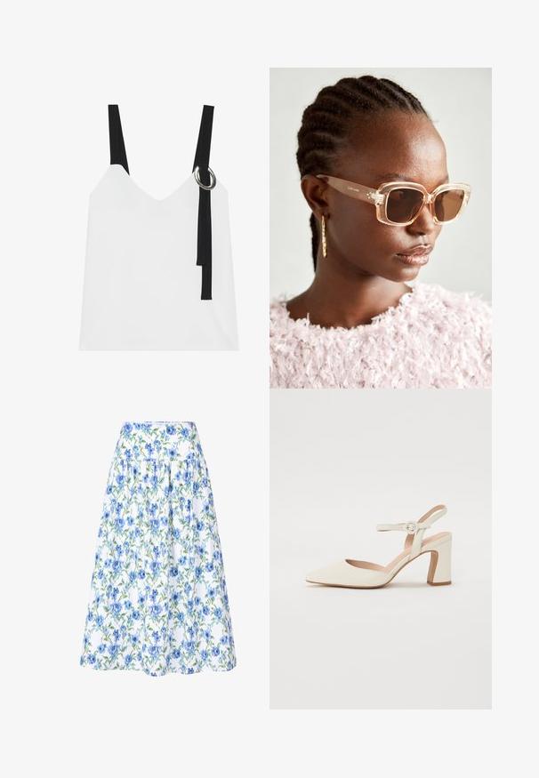 Bela brezrokavnika s V-izrezom, ki ima črne naramnice in srebrno okrasno obrobo. Gladka tkanina in sodoben, minimalističen dizajn.; Cvečni krilo z belim ozadjem, modrimi cvetovi in zelenimi listi, strukturiranim pasom in nabranim oblikovanjem za polnost.; Čevlji s koničastim nosom v kremni barvi z blokastim peto. Imajo tanki trak okoli gležnja z okroglo sponko in gladko usnjeno teksturo.; Bežna oversized sončna očala s prozornim okvirjem in rjavimi lečami, ki imajo subtilne cvetlične poudarke in drzen, geometrijski dizajn.