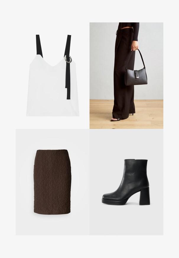 Top alb fără mâneci, cu decolteu în V, având bretele negre și un detaliu cu inel argintiu. Țesătură netedă și un design modern, minimalist.; Fustă până la genunchi, de culoare maro, realizată dintr-un material texturat cu o suprafață plisată. Are un design ajustat și nu prezintă închideri sau accente vizibile.; Botină din piele neagră, cu toc pătrat și talpă platformă, văzută din lateral pe un fundal alb simplu.; Genți negre cu o formă structurată, textură netedă și un închizător metalic. Asortată cu pantaloni negri largi și sandale cu vârf deschis pe un podea din lemn.