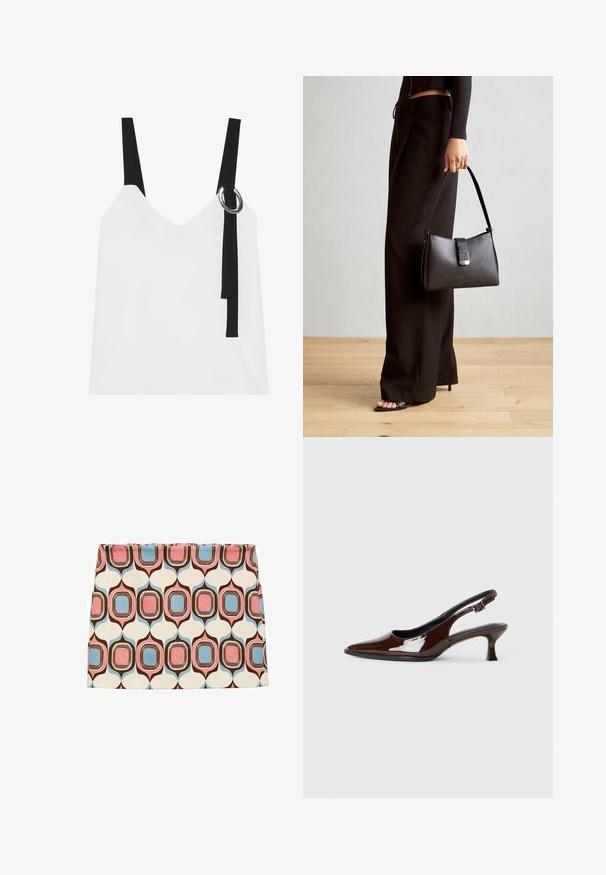 Bela brezrokavnika s V-izrezom, ki ima črne naramnice in srebrno okrasno obrobo. Gladka tkanina in sodoben, minimalističen dizajn.; Kratka krilna obleka v smetanasti barvi, ki ima geometrijske oblike v rožnati, modri in rjavi barvi. Gladka tkanina s prilegajočim dizajnom in ravnim robom.; Rjavi lakirani slingback čevelj z ostro konico in zmerno peto. Ima zaponko za varno prileganje. Gladka tekstura.; Črna torbica z strukturirano obliko, gladko teksturo in kovinskim zaponko. Ujemajo se z širokimi črnimi hlačami in odprtimi sandali na lesenem tleh.