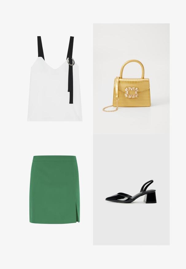 Weißes ärmelloses Top mit V-Ausschnitt, ausgestattet mit schwarzen Trägern und einem silbernen Ringdetail. Glatte Stoffoberfläche und ein modernes, minimalistisches Design.; Grüne Minirock mit glatter Textur, gerade geschnitten und mit einem seitlichen Schlitz für zusätzliche Details. Schlichtes, unverziertes Design.; Schwarze Lackleder-Slingback-High Heels mit spitzem Schuh und einem geometrischen Blockabsatz. Verfügt über ein schlankes, minimalistisches Design und eine glatte Textur.; Gelbe Kunstleder-Handtasche im Krokodil-Look mit strukturiertem Design, Obergriff, abnehmbarem Kettenriemen und dekorativer Kristallverzierung am Verschluss.