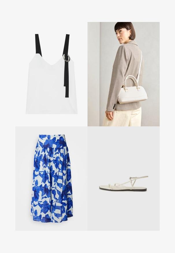 Balta bez piedurknēm topa ar V-veida kakla izgriezumu, ar melnām siksnām un sudraba gredzenu. Gluda auduma un mūsdienīgs, minimālistisks dizains.; Izplūdušais svārks vieglā audumā ar zilu ziedu rakstu uz baltas fona, ar augstu jostasvietu un sakopoto detaļu.; Bežīgas plakanas čības ar vairākiem plāniem siksniņām un regulējamu sprādzi. Zole ir plakana ar nelielu tumšu kontrastu malā.; Balta strukturēta roku soma ar īsām rokturiem un plecu siksnu, ar zelta aparatūras akcentiem un strukturētu materiālu, izstādīta uz pelēka fona.