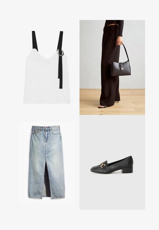 Top bianco senza maniche con scollo a V, caratterizzato da spalline nere e un dettaglio ad anello argentato. Tessuto liscio e design moderno e minimalista.; Sottogonna in denim blu chiaro con spacco frontale, design a cinque tasche e chiusura con bottoni. Presenta un tessuto scolorito e dettagli con orlo grezzo.; Mocassini in pelle nera con tacco piatto, dotati di un dettaglio decorativo in metallo dorato nella parte anteriore e una superficie liscia.; Borsa nera con forma strutturata, texture liscia e una chiusura metallica. Abbinata a pantaloni neri larghi e sandali open-toe su un pavimento in legno.