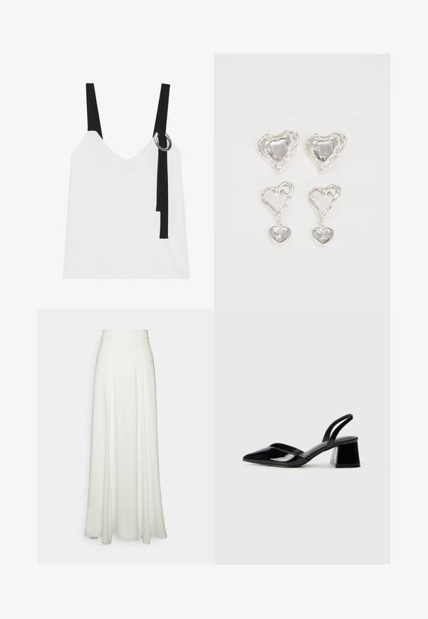 Haut sans manches blanc avec un col en V, comportant des bretelles noires et un détail en anneau argenté. Tissu lisse et design moderne et minimaliste.; Jupe blanche longue avec une texture lisse et fluide, dotée d'une taille haute ajustée et sans motifs ni ornements visibles.; Escarpins en cuir verni noir avec bout pointu et talon bloc géométrique. Présente un design élégant et minimaliste ainsi qu'une texture lisse.; Des boucles d'oreilles en argent en forme de cœur présentent des pierres claires facettées, avec un cadre texturé. L'ensemble comprend des styles à clou et des styles pendants.