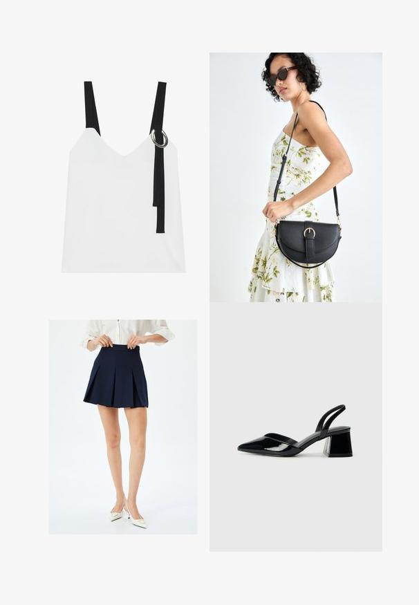 Hvid ærmeløs top med V-udskæring, som har sorte stropper og en sølvringdetalje. Glat stof og et moderne, minimalistisk design.; Mørkeblå plisseret nederdel med høj talje og glat tekstur, har skarpe knivplisseringer og minimalistisk design. Bæres med hvide hæle.; Sorte patentlæder slingback hæle med spids tå og en geometrisk blok hæl. Har et elegant, minimalistisk design og en glat tekstur.; Sort læderhåndtaske med en buet form, aftagelig rem og guldfinish. Tasken har en klap med en spænde detalje.