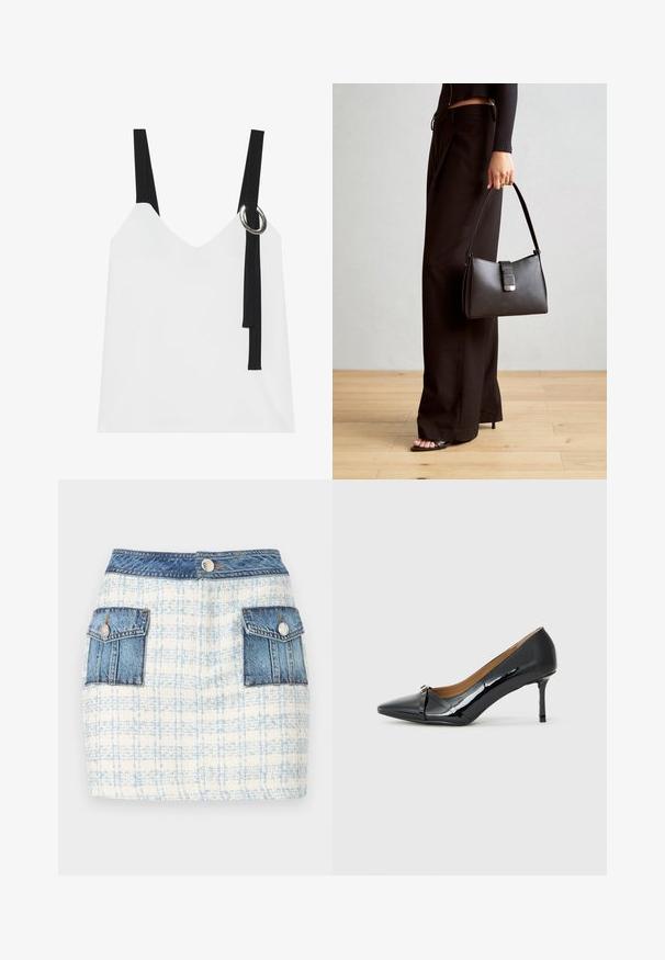 Hvit ermeløs topp med V-hals, med svarte stropper og en sølvringdetalj. Glatt stoff og et moderne, minimalistisk design.; Denim miniskjørt med et lyseblått og hvitt rutemønster, med to framlommer med denimdetaljer og knappeåpning i livet.; Sorte patent lær høyhælte sko med spiss tå, dekorativ stroppdetalj foran og tynn stiletthel.; Svart håndveske med strukturert form, jevn tekstur og metallisk lås. Kombinert med brede svarte bukser og sandaler med åpen tå på tregulv.