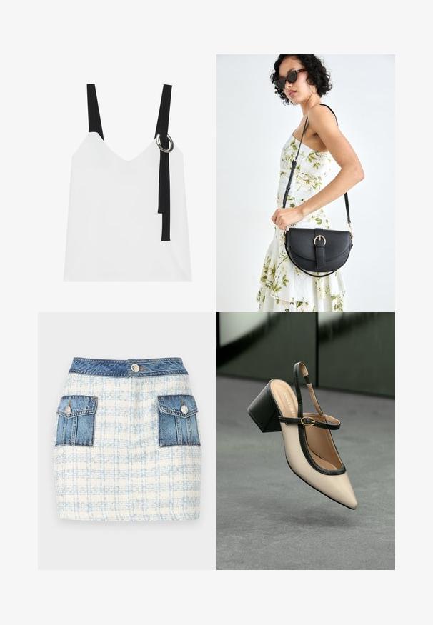 Biała bezrękawnikowa bluzka z dekoltem w serek, z czarnymi ramiączkami i srebrnym detalem w kształcie pierścienia. Gładki materiał i nowoczesny, minimalistyczny design.; Denimowa spódnica mini w jasnoniebieską i białą kratkę, z dwiema przednimi kieszeniami ozdobionymi denimem oraz zapięciem na guzik w talii.; Beżowe buty typu slingback z ostrym noskiem, czarnym wykończeniem, złotą klamrą i grubym obcasem na szarym podłożu z ciemnozielonym tłem.; Czarna skórzana torebka o zakrzywionym kształcie, z odpinanym paskiem i złotymi akcentami. Torebka posiada klapę z zapięciem w kształcie klamry.