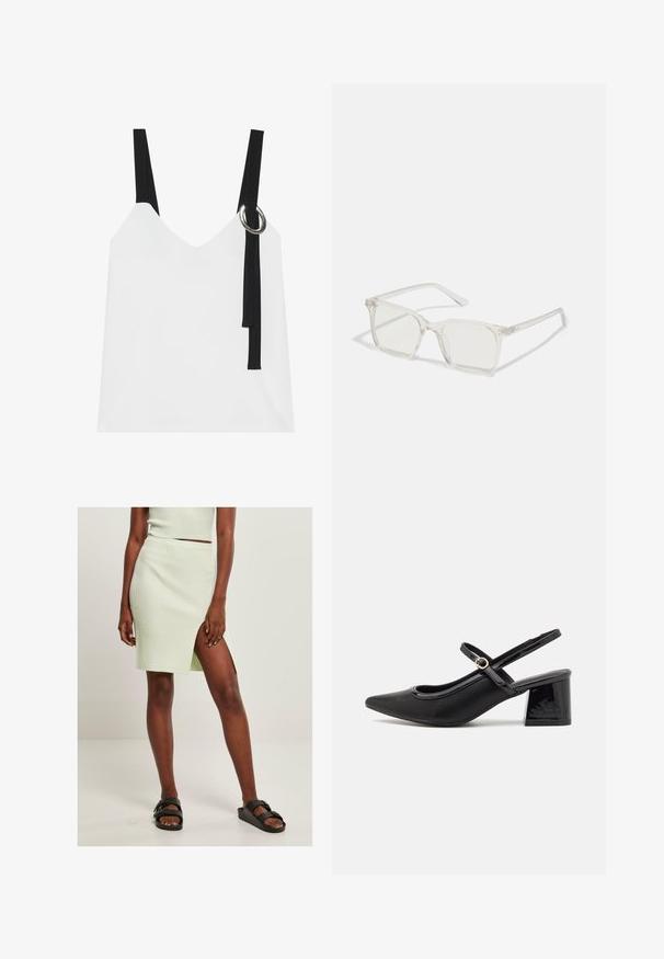 Balta bez piedurknēm topa ar V-veida kakla izgriezumu, ar melnām siksnām un sudraba gredzenu. Gluda auduma un mūsdienīgs, minimālistisks dizains.; Gaiši zaļa ribota adīta svārku ar izdilušo kāju augšdaļu, kombinēta ar melnām slidu sandalēm. Vienkāršs, pieguļošs dizains izceļ tekstūru un krāsu.; Melns patentēts ādas sandales ar norādīta pirksta formu, noapaļotu izgriezuma dizainu un bloķētu papēdi. Iezīmēta ar zelta toņa sprādzi.; Caursplūstošas kvadrātveida brillēs ar caurspīdīgiem lēcām, ar zelta akcentiem uz tempļiem, lai pievienotu detaļas.; Brūns ādas plecu soma ar izliekta formu, zelta piederumiem un sprādzes akcentu. Iesaiņota ar noņemamu plecu siksnu.