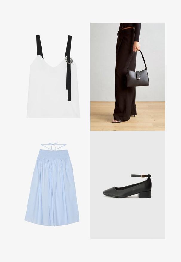 Top alb fără mâneci, cu decolteu în V, având bretele negre și un detaliu cu inel argintiu. Țesătură netedă și un design modern, minimalist.; Fustă din bumbac de culoare albastră deschisă, cu talie elastică, siluetă fluidă, plisuri largi și bretele subțiri la spate pentru un ajustaj comod.; Pantof cu toc negru din piele, cu vârf ascuțit și toc mic pătrat. Dispune de o curea la gleznă cu o cataramă în tonuri de aur. Textură netedă.; Genți negre cu o formă structurată, textură netedă și un închizător metalic. Asortată cu pantaloni negri largi și sandale cu vârf deschis pe un podea din lemn.