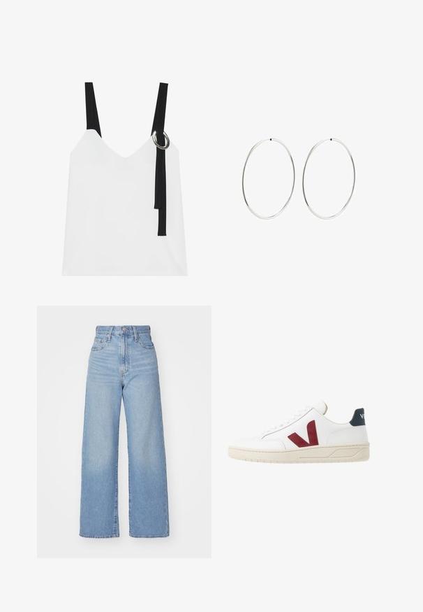 Valge ilma varrukateta top, millel on V-kujuline kaelus, mustade rihmade ja hõbedase rõngaste detailiga. Sile kangas ja kaasaegne, minimalistlik disain.; Heledad sinine kõrge vöökohaga laiad teksad, ees nupp ja tõmblukk, ees ja taga taskud, valge tausta peal.; Valge nahkne tennis, millel on burgundi 'V' logo, tekstureeritud kummist tald ja tumesinine aktsent kontsas; sisaldab klassikalist paeltegemise disaini.; Hõbedased rõngaskõrvarõngad, millel on sujuv, ümmargune disain ja poleeritud viimistlus. Need on õhukesed ja kerged, omades lihtsat klambrit.