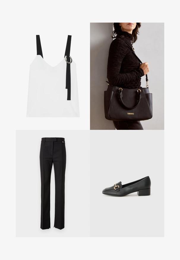 Hvit ermeløs topp med V-hals, med svarte stropper og en sølvringdetalj. Glatt stoff og et moderne, minimalistisk design.; Svarte skreddersydde bukser med rett ben-design, som har en midje med knappeåpning og sidesplitter i bunnen.; Sorte skinnloafers med flat hæl, med dekorativ detalj i gull foran og en jevn tekstur.; Svart håndveske med teksturert overflate, doble topphåndtak og justerbar skulderrem. Har detaljer i gulltone og sidelommer.