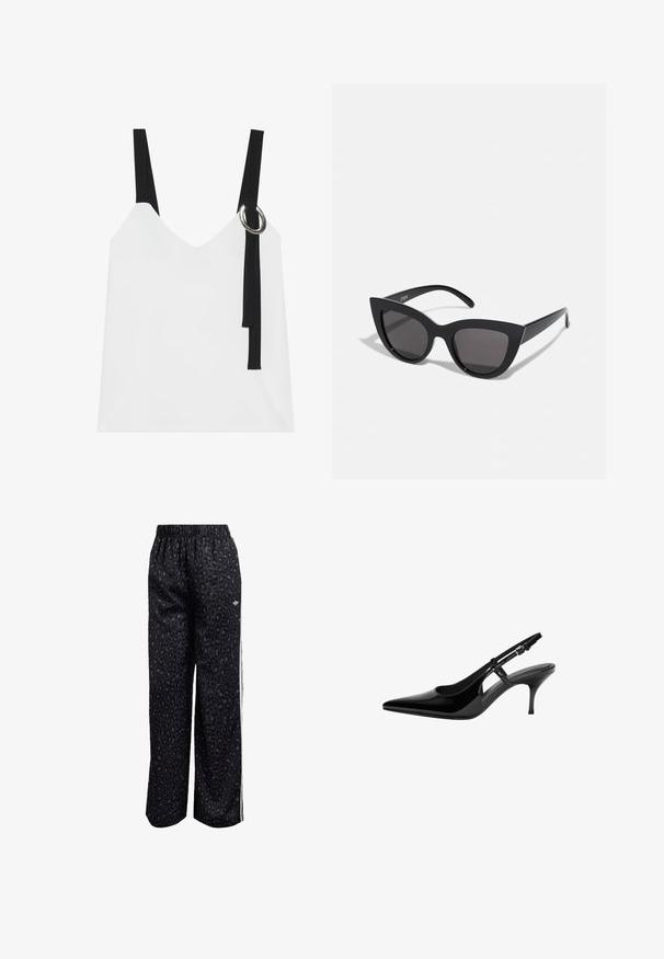 Witte mouwloze top met een V-hals, voorzien van zwarte straps en een zilveren ringdetail. Glad materiaal en een modern, minimalistisch ontwerp.; Zwarte sportbroek met een luipaardprint, elastische tailleband en witte zijkanten. Gemaakt van gladde, lichte stof.; Zwarte gepatenteerde leren slingback pump met puntige neus, open zijuitsparingen, slanke hak en verstelbare enkelband.; Zwarte cat-eye zonnebril met een matte afwerking, voorzien van grijs getinte glazen, scherpe hoeken en slanke zijarmen. Merkennaam zichtbaar op de binnenarm.