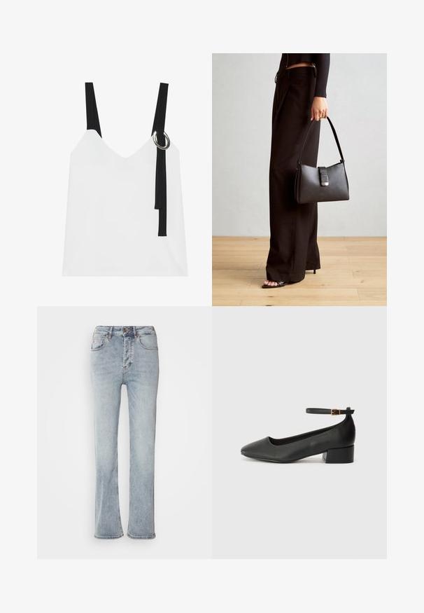 White sleeveless top with a V-neck, featuring black straps and a silver ring detail. Smooth fabric and a modern, minimalist design.; Light blue denim jeans with a high waist, straight leg design, and a slight flare at the hem. Features stitching accents and a zip fly.; Black leather pump with a pointed toe and a low block heel. Features an ankle strap with a gold-tone buckle. Smooth texture.; Black handbag with structured shape, smooth texture, and a metallic clasp. Paired with wide black pants and open-toe sandals on wooden floor.