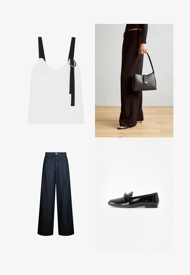 Fehér ujjatlan felső V-nyakkal, fekete pántokkal és ezüst karika részlettel. Simább anyag és modern, minimalista dizájn.; Sötétkék farmerből készült, bőszárú farmernadrág, magas derékkal, látható varrásokkal és elöl gombos záródással. Minimalista dizájn.; Fekete lakkbőr loaferek lapos talppal, lekerekített orral és díszítő pánttal, amely aranyszínű kiegészítővel rendelkezik. Simára polírozott, fényes felület.; Fekete kézi táska strukturált formával, sima textúrával és fémből készült záródással. Széles fekete nadrággal és nyitott orrú szandállal párosítva, fából készült padlón.