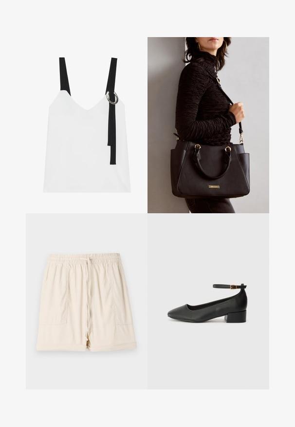 Hvid ærmeløs top med V-udskæring, som har sorte stropper og en sølvringdetalje. Glat stof og et moderne, minimalistisk design.; Beige bomuldsbukser med elastisk talje, snor og to sidelommer; har en afslappet pasform og oprullede kanter.; Sorte læderpumper med spids tå og en lav blokhæl. Har en ankelrem med en guldfarvet spænde. Glat tekstur.; Sort håndtaske med struktureret overflade, dobbelt topbærere og justerbar skulderrem. Udstyret med guldfarvet metalhardware og sidelommer.