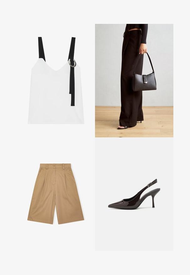 Balta bez piedurknēm topa ar V-veida kakla izgriezumu, ar melnām siksnām un sudraba gredzenu. Gluda auduma un mūsdienīgs, minimālistisks dizains.; Beige kokvilnas šorti ar brīvu piegriezumu, ar krokām, pogu aizdari un sānu kabatām. Gluda tekstūra un līdz ceļiem garums.; Slingback augstpapēžu kurpe ar spīdīgu tumši brūnu lakotu ādu, ar norādītu purngalu, atvērtām pusēm un regulējamu potītes siksniņu.; Melnā somiņa ar strukturētu formu, gludu tekstūru un metālu sprādzi. Saskaņota ar platām melnām biksēm un sandālēm ar atvērtu purngalu uz koka grīdas.