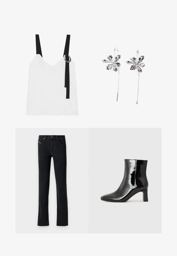 Fehér ujjatlan felső V-nyakkal, fekete pántokkal és ezüst karika részlettel. Simább anyag és modern, minimalista dizájn.; Fekete farmernadrág egyenes szabással, öt zsebbel és diszkrét varrási részletekkel. Az anyag sima tapintású és minimális kopást mutat.; Fekete lakk bőrcipő bokáig érő, hegyes orral és közepes magasságú tömbsarokkal. Simább textúrával és minimalista dizájnnal rendelkezik.; Ezüst virágformájú fülbevalók, texturált felülettel, hosszú akasztókkal és szirmokra hasonlító részletekkel az összetett dizájn érdekében.