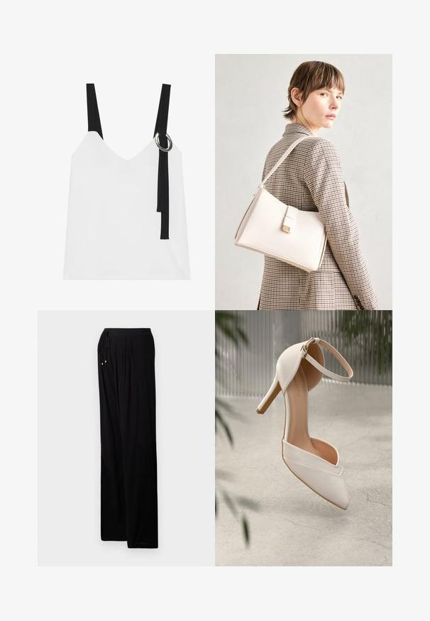 Top sem mangas branco com decote em V, apresentando alças pretas e um detalhe em forma de argola prateada. Tecido suave e um design moderno e minimalista.; Calças leves pretas com um ajuste descontraído. Apresentam um cós com cordão, pregas e detalhes dourados nas extremidades do cordão.; Shoe de salto alto branco em material suave com bico pontudo e tira no tornozelo. Apresenta um interior em tom claro de bege e detalhes em tom dourado.; Bolsa de mão em couro branco com um design estruturado, apresentando um fecho magnético e uma alça de ombro, exibida sobre um fundo neutro.